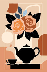 
A black tea pot sits on a table next to a cup. The tea pot is surrounded by a vase of flowers
