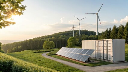 Sustainable energy scene with solar panels, battery storage containers, and wind turbines set in a scenic rural area at sunset.
