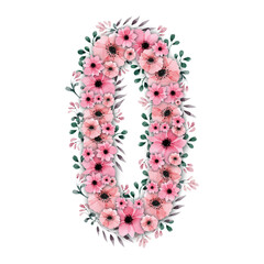 Lovely illustration of big pink watercolor flower number zero decorated with green foliage. High-resolution and isolated on a blank background, perfect for creative projects.