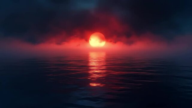 Red Sun Setting Over Dark Ocean