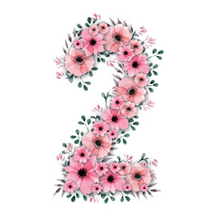 Lovely illustration of big pink watercolor flower number two decorated with green foliage. High-resolution and isolated on a blank background, perfect for creative projects.
