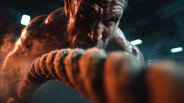 An elegant and clear visual illustration of close-up of man pulling heavy rope in training, ideal for creative, commercial, or editorial purposes.