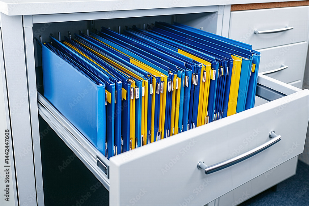 Poster filing cabinet drawer open showing hanging file folders organized and arranged neatly
