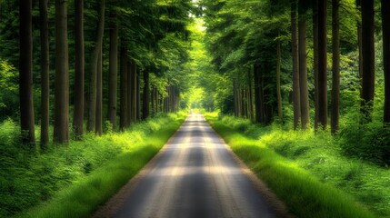 Fototapeta premium Scenic Forest Road: Sunlit Path Through Lush Green Trees