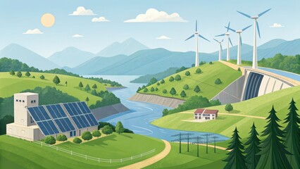 Colorful illustration of a sustainable energy system featuring solar panels, wind turbines, hydroelectric dam, and rural scenery surrounded by mountains and river.