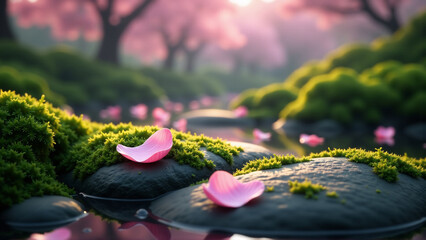 Ephemeral Cascade: Sakura Petals Falling on Mossy Stones