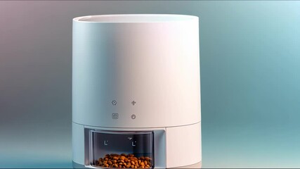 Modern automatic pet feeder on soft background