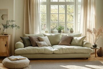 Light beige living room features a comfortable sectional couch.