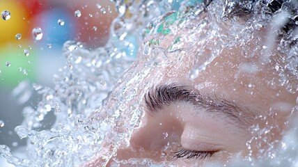 Fototapeta premium Refreshing Splash: Woman Cleansing Face with Water water splash face woman skin cleansing freshness