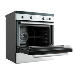 Fototapeta premium Modern built in oven with open door showing interior racks and fan