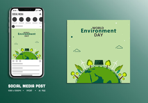 World Environment Day Editable Social Media Post with Green Earth Illustration and Eco-Friendly Icons for June 5 Campaign.