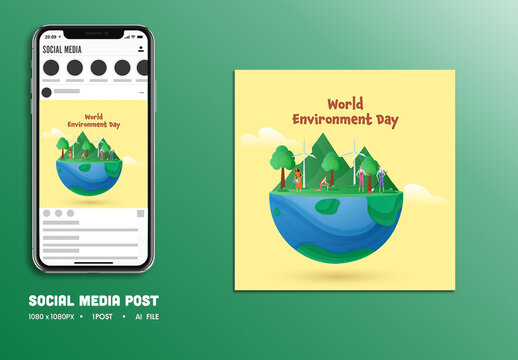 World Environment Day Editable Social Media Post with Illustration of People Planting Trees and Wind Turbines for Eco-Friendly and Sustainability Concept.