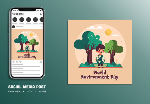 World Environment Day Editable Social Media Post with Illustration of Boy Holding Earth for Save the Planet and Eco Awareness Campaign.