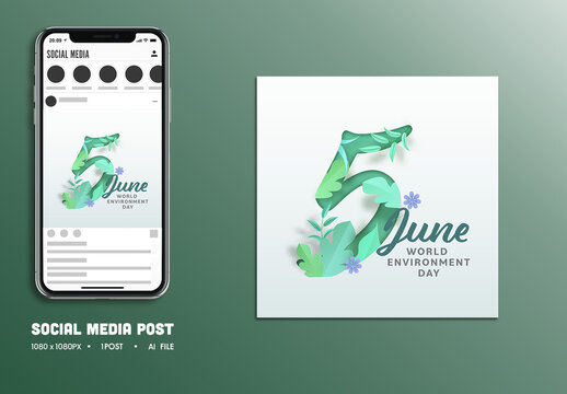 World Environment Day Editable Social Media Post with Artistic Greenery Illustration of 5th June.