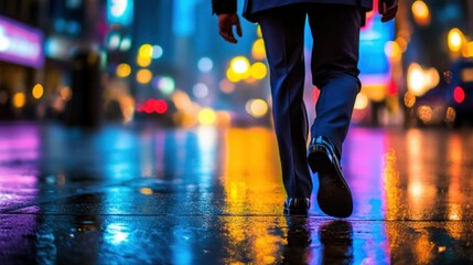 Fototapeta premium A person in suit walking down a city street at night