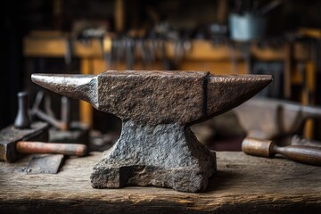 Concept of a workshop featuring traditional blacksmiths' hardware and instruments, with a focus on the details of tools used for working with iron, weapons, and armor