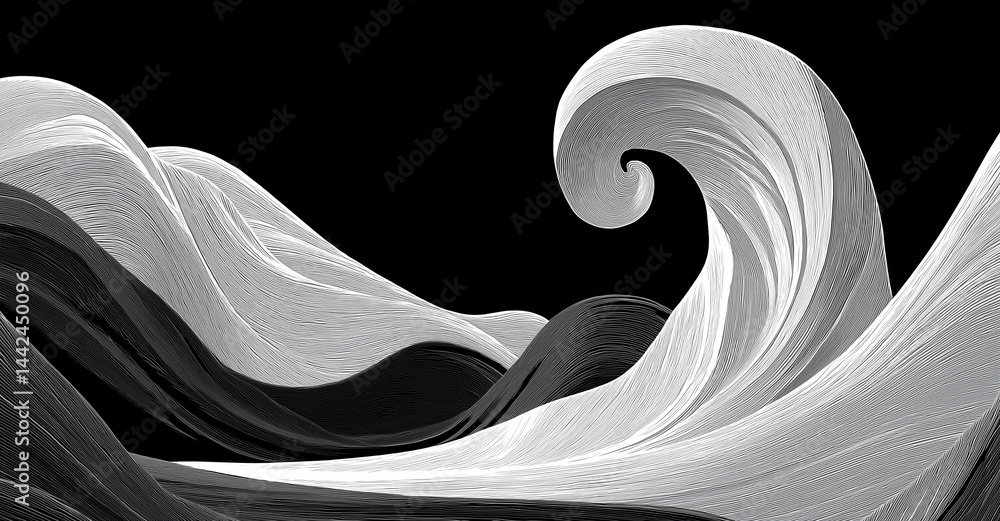 Poster high-resolution black rectangular mouse pad with white line art and abstract curves, minimalist eleg