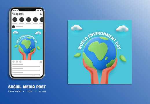 World Environment Day Editable Social Media Post with Human Hands Holding 3D Earth Globe Illustration for Save the Planet and Eco Awareness Campaign.