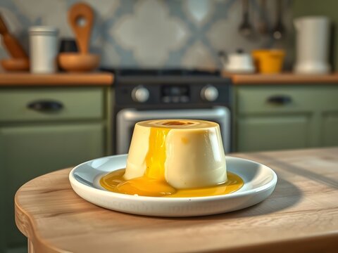 vanilla custard on the white plate in retro kitchen