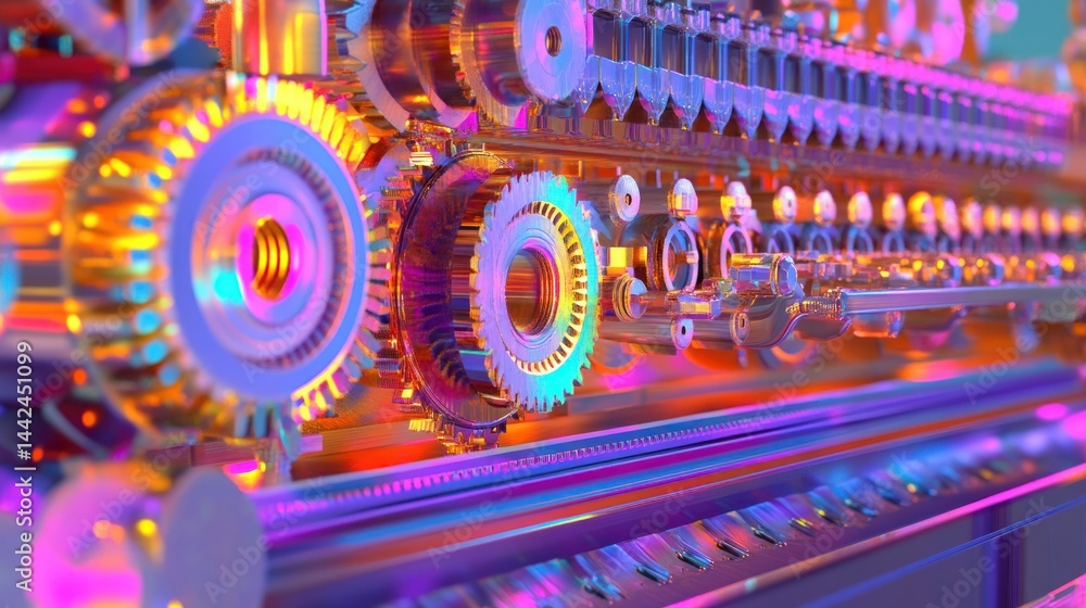 Poster complex and colorful machinery displaying an intricate system of gears