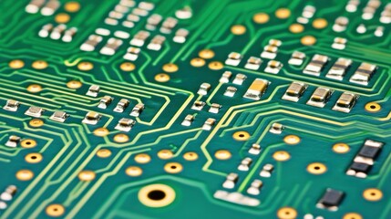 The surface of a green electronic circuit board displays components