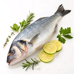 Sea bass with herbs and lime on white background