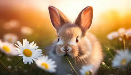 Fototapeta premium Bunny in Daisy Meadow: A cute bunny rabbit nibbles on a stem amidst a field of blooming daisies, bathed in the warm glow of the setting sun. The scene is idyllic and peaceful.