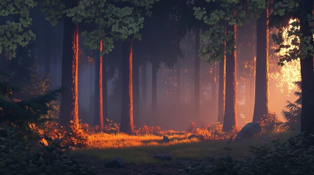 Serene sunset in a misty forest with tall trees and golden light sky red art calm dark woods green - Powered by Adobe