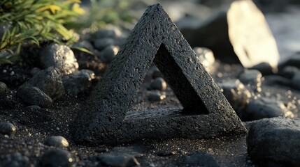 A triangular rock formation resting on a beach with natural elements