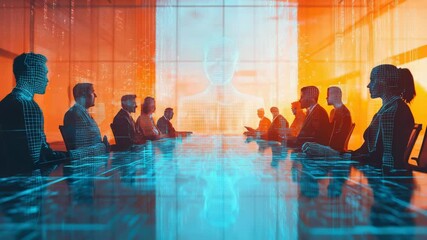 3D illustration of a virtual reality business conference with holographic participants, futuristic meeting space, and digital collaboration in a wireframe environment - Powered by Adobe