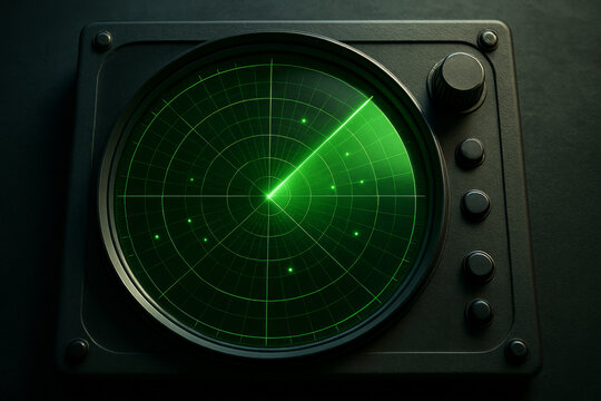 Hyperrealistic radar screen with glowing green scan lines and multiple detected targets on a dark console. - Powered by Adobe