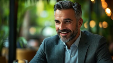 Happy smiling man in a stylish suit sitting indoors