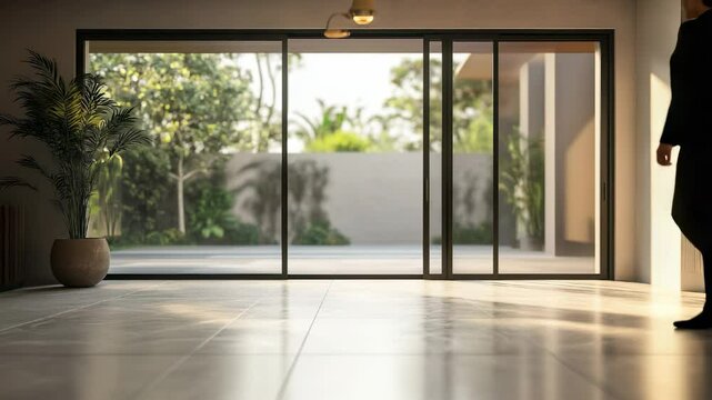 A bright room with large sliding glass doors opens to a garden area. There is a potted plant on the left side of the frame, and a person is partially visible on the right.