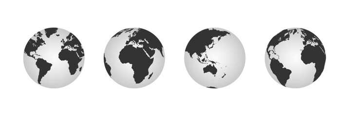 Earth globe icons. Earth hemispheres with continents. World map set. Planet icon set. Global map symbol. International Earth globe icon. World globe icon.