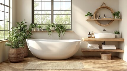 Fototapeta premium Sunlit Bathroom with Freestanding Tub, Plants, and Wood Accents