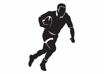 Naklejka premium A powerful rugby player running with the ball, a dynamic silhouette conveying intense focus and speed in a stark black and white image.