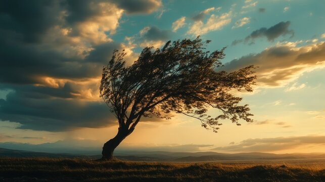 A solitary tree bends in strong wind against cloudy sky