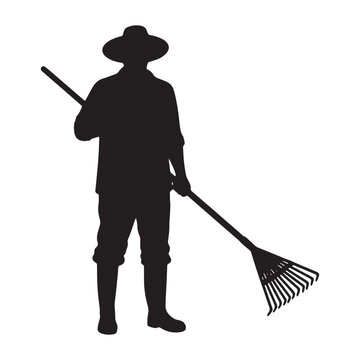 recommend clip art: Gardener raking leaves in autumn yard work vector silhouette illustration