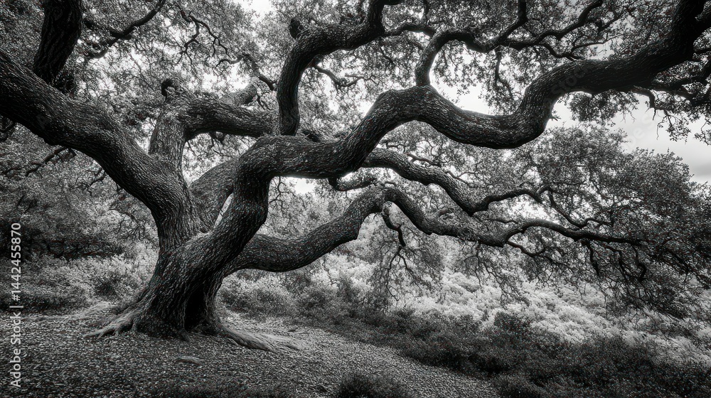 Poster a large tree with twisting branches in grayscale monochrome view