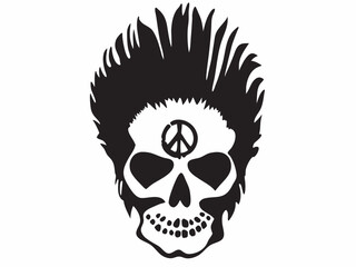 Obraz premium A rebellious skull with a peace sign, sporting a wild mohawk, a bold graphic statement in stark black and white.
