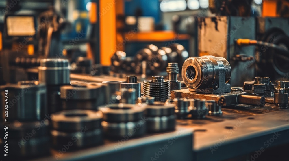 Poster a workbench displaying various metal components in a workshop environment