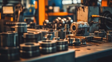 A workbench displaying various metal components in a workshop environment