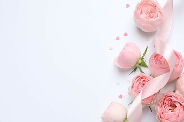 Beautiful pink peony roses on white background