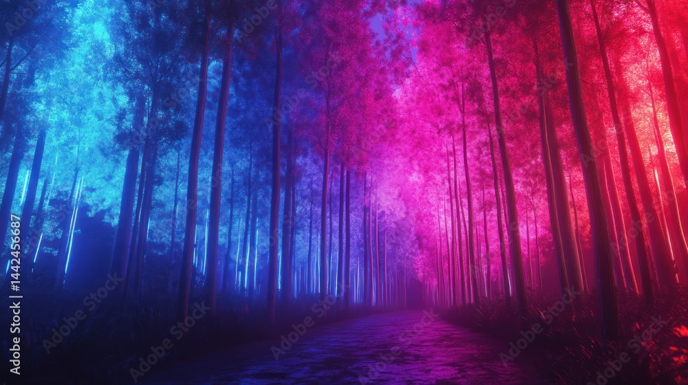 Poster avenue of illuminated trees with gradient color scheme in a fantastical forest