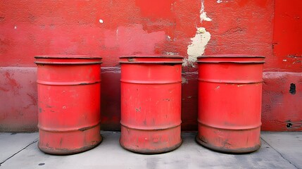 Naklejka premium Three Red Rusty Barrels Against Red Wall Urban Scene
