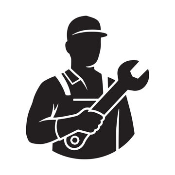 Skilled mechanic holding wrench wearing helmet job silhouette vector graphic