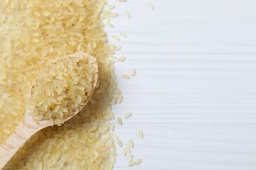 Raw brown rice in wooden spoon on white background