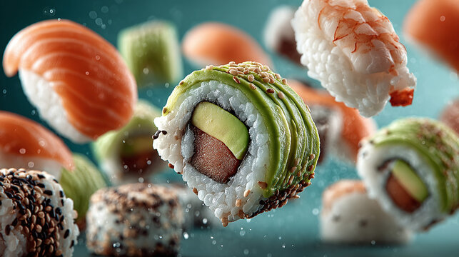 Close up of many different types of sushi, including some with avocado and shrimp. The sushi is flying through the air, giving the impression of a sushi buffet or a sushi-making demonstration