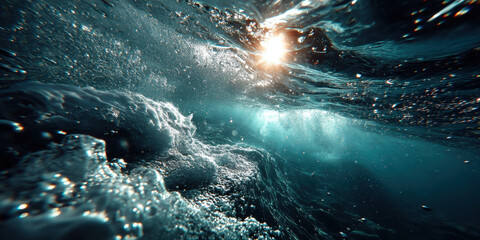 A professional graphic showing deep underwater view with light breaking surface, ideal for creative, commercial, or editorial purposes.