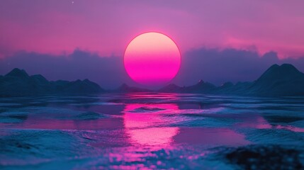 A beautiful sunset reflecting on a body of water with mountains